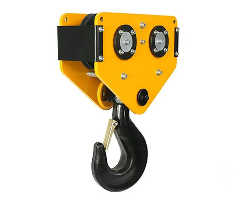Forged crane hook block with sheave housing and safety latch